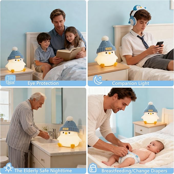 Penguin Lamp with Knit Hat,Cute Penguin Night Light,Safe Soft Silicone,Dimmable Nursery Nightlight, Squishy Animal Lamp,Room Decor,White Elephant Gifts for Kids /Boys Girls Baby,Valentine's Day Gift