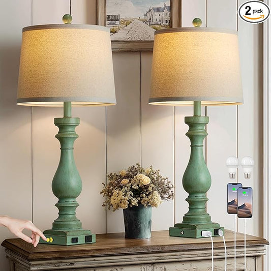 luxeflow 29" Tall Vintage Table Lamps Set of 2,Retro Green Bedside Lamps with USB C+A Ports & AC Outlet,3-Way Dimmable Touch Lamp for Night Stands Living Room Bedroom,Green