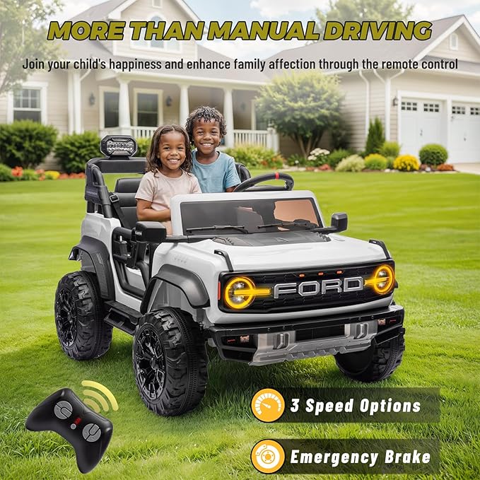 ENYOPRO 24V 2 Seater Ride On Toys for Kids, Licensed Ford Bronco Raptor Toddlers Electric Ride On Car w/Remote Control, Safety Belt, LED Lights, Spring Suspension, Bluetooth Music, 3 Speed, White
