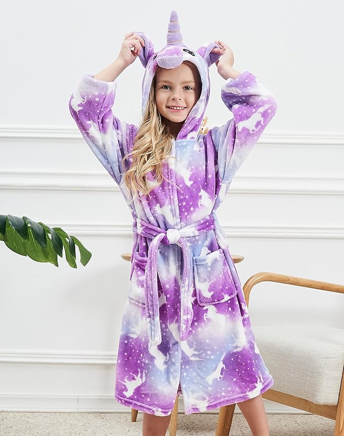 Soft Unicorn Hooded Robe with Matching Slippers Headband and Blindfold for Girls