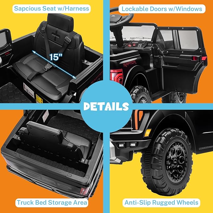 ENYOPRO 12V Kids Ride On Truck, Licensed Ford F-150 Raptor Toddler Electric Car w/Remote Control, Kids Ride On Car Toy w/LED Lights, Bluetooth Music, Lockable Doors, Safety Belt, 2 Speed (Black)