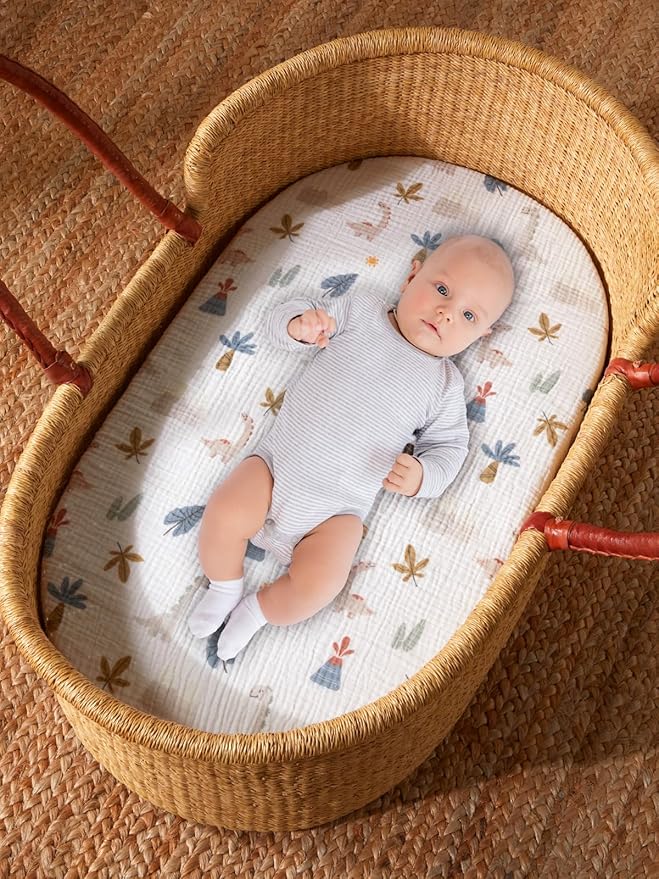 TILLYOU Muslin Bassinet Sheets for Baby Boys Girls 3 Pack, Soft Breathable Elastic Cotton Bassinet Mattress Sheets, Fit Hourglass Oval Rectangle Cradle Mattress, 33"X17",Dinosaur
