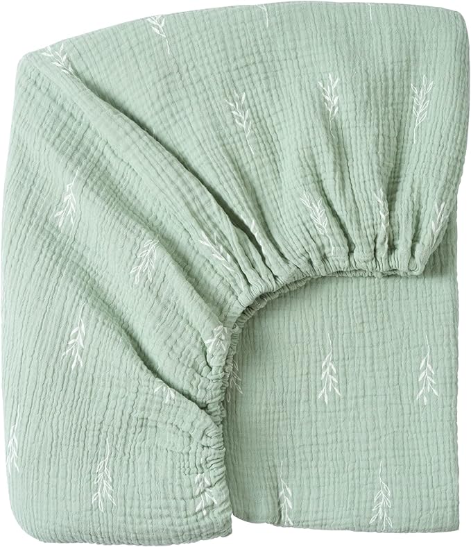 Meracorallo Muslin Fitted Crib Sheet, Soft and Breathable Green Leaf Neutral Baby Crib Sheet for Standard Crib and Toddler Mattresses
