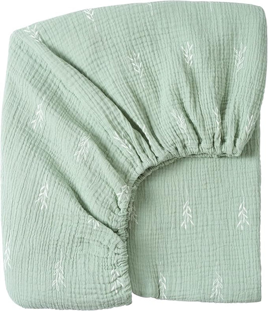 Meracorallo Muslin Fitted Crib Sheet, Soft and Breathable Green Leaf Neutral Baby Crib Sheet for Standard Crib and Toddler Mattresses