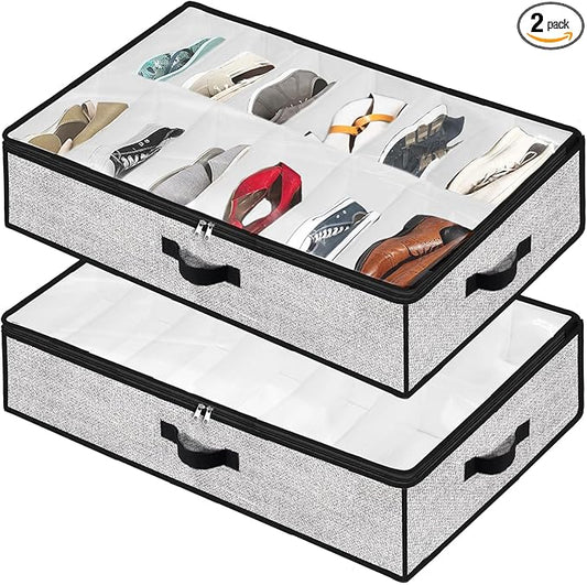 Meerainy Under Bed Shoe Storage Organizer for Closet 2 Pack- Fits 24 Pairs Underbed Shoes Container Boxes Light Grey