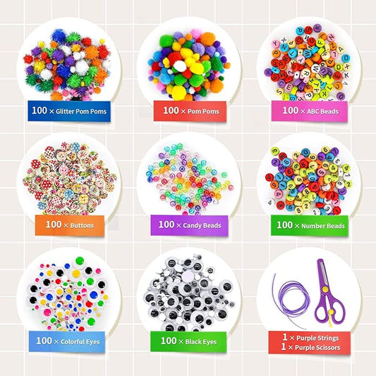 kortes Jumbo Art and Craft Supplies for Kids, Toddler DIY Craft Art Supply Set Included Pipe Cleaners, Pom Poms, Feather, Folding Storage Box - All in One for Craft DIY Art Supplies (Purple)