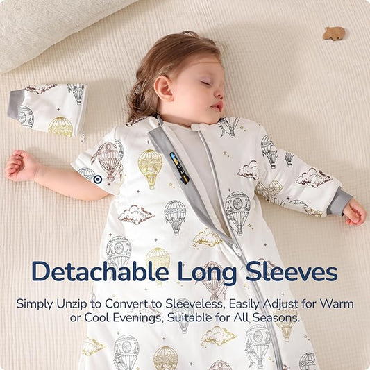 Baby Sleep Sack 18–24 Months, 2.5 TOG Warm Cotton Sleep Sack with Detachable Long Sleeves, Winter Wearable Blanket for Cold Nights, 2-Way Zipper Toddler Sleeping Sack, Hot Air Balloon