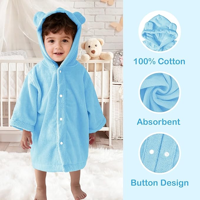 VOOVA & MOVAS Baby Hooded Bath Towel with Bear Ear,0-3Years | Ultra-Absorbent & Skin-Friendly Soft 100% Cotton for Newborns, Infants – Pool, Beach, Bath Time | Perfect, Blue