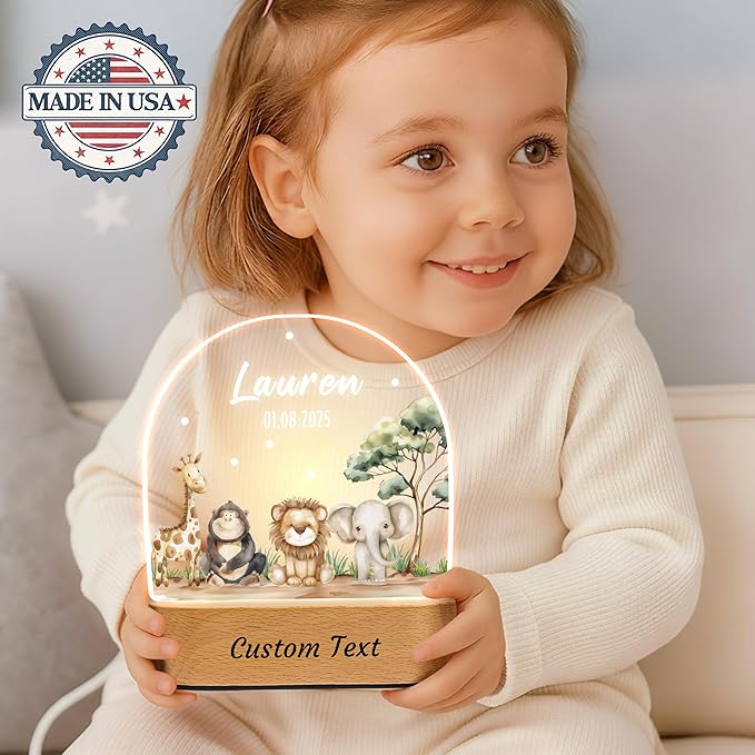 IOUMAM Personalized Baby Gifts Animal Name Night Light for Kids, Custom LED Acrylic Plaque, Baby Shower Christmas Newborn Gifts for Boys Girls, Safari Jungle Animals Nursery Room Decor for Children