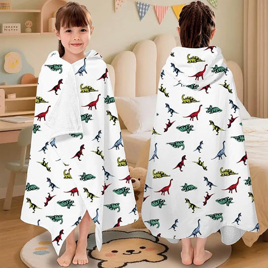 VOOVA & MOVAS Hooded Bath Towel for Kids (3-8 Years) – 100% Cotton Soft Absorbent Swim Towel (30"x50") – Perfect for Pool, Beach, Bath,Dino
