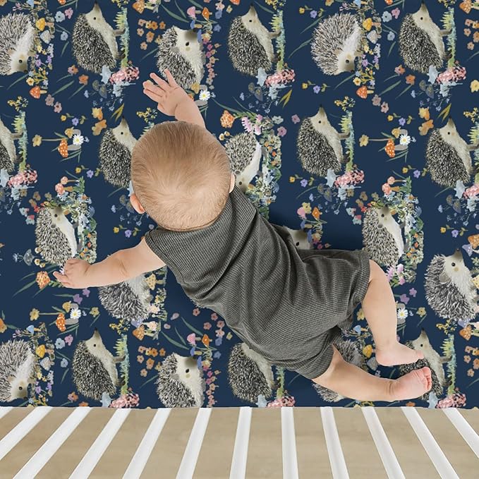 Happy Hedgehogs Mushroom Floral Baby Crib Sheets for Boy Girl 28"x52" Cartoon Hedgehog Soft Snug Fitted Crib Mattress Cover Summer Animal Baby Sheet for Standard Crib & Toddler Bed Mattress
