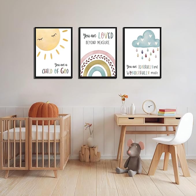 Kids Bible Verse Wall Art, Christian Scripture Wall Decor Paintings Set of 3, Nursery Rainbow Inspirational Posters Prints Pictures for Classroom Kids Room Baby Room Bedroom 12x16 Inch Wood Framed