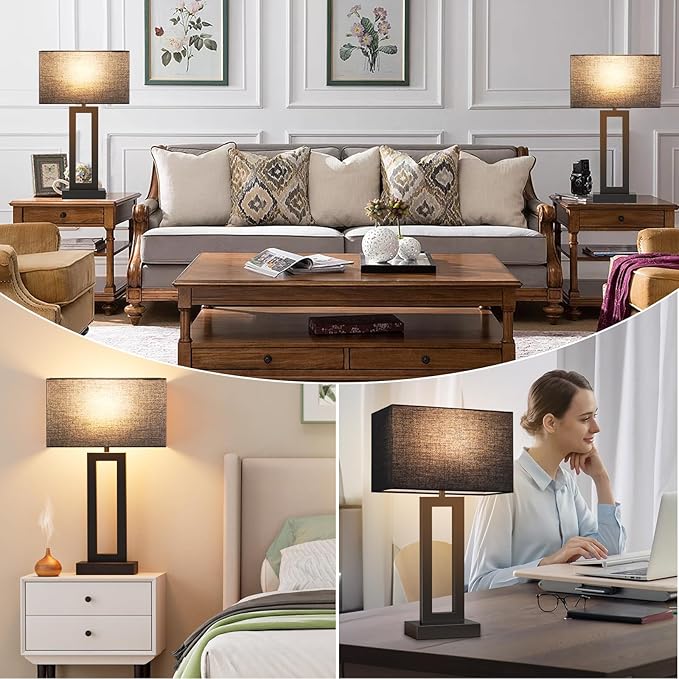 Modern 22" Tall Bedside Lamps - Touch Control, USB C+A, 3 Way Dimmable, Set of 2 (Black)