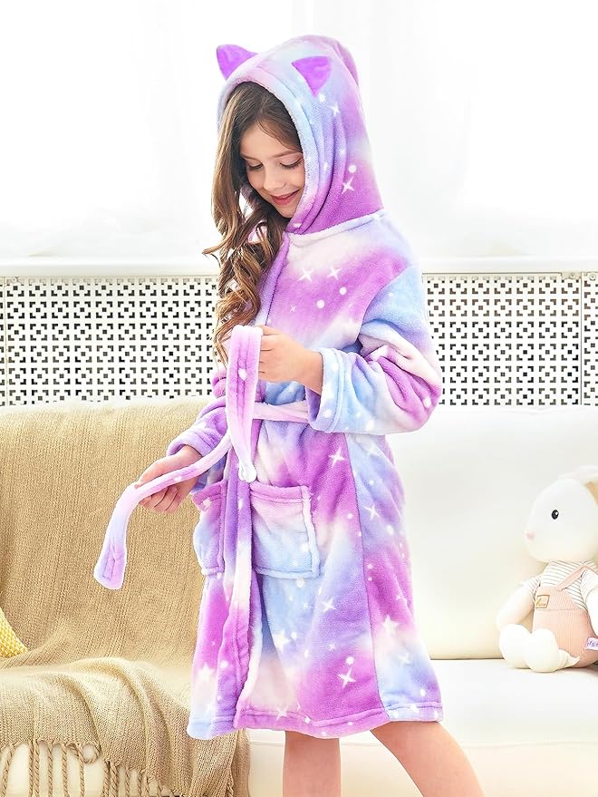 Doctor Unicorn Girls Leopard Cat Robe Kids Fleece Warm Hooded Bathrobe