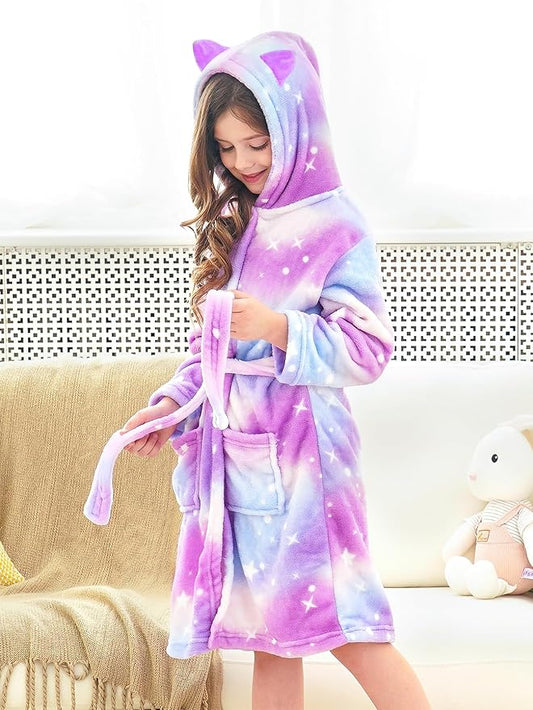 Doctor Unicorn Girls Leopard Cat Robe Kids Fleece Warm Hooded Bathrobe