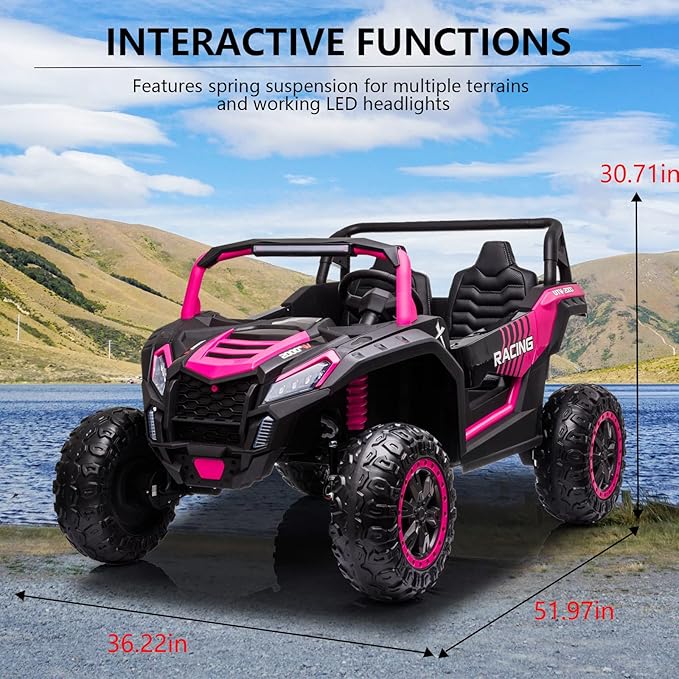 POSTACK XXXL 24V 2 Seater Ride On Car with Remote Control 4WD Ride On Toys for Big Kids 4x4 Battery Powered Electric UTV for Kids 3-12 Year Off Road Truck with LED Lights 3 Speeds Bluetooth, Pink