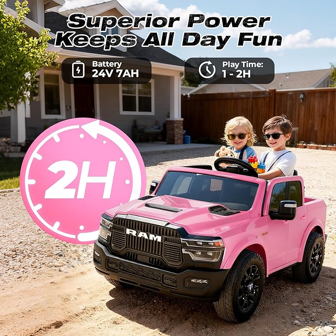 FUNTOK 24V 2 Seater Ride On Truck for Big Kids, Licensed RAM 2500 Kid's Electric Vehicles w/Remote Control, LED Light/Music/MP3/Bluetooth, Truck Bed Storage, Carry Wheels & Handle, Car for Kids 3-8