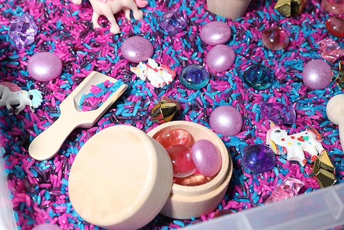 Unicorn Sensory Bin Kit for Kids – Pink, Purple & Blue Rice, Unicorn Figurines & Charms, Crystals & Wooden Tools – Includes Clear Storage Bin