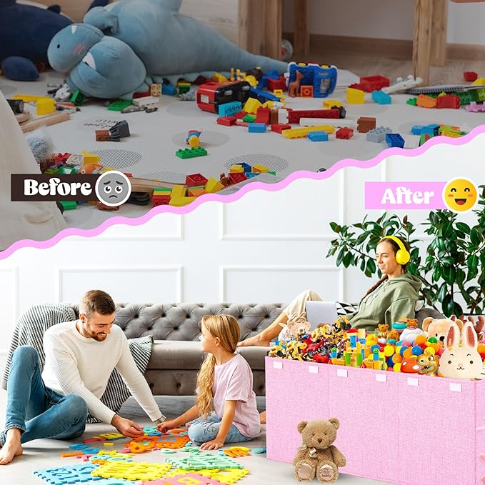 Beadsky Extra Large Toy Box Toddlers Chest with Lids, Collapsible Sturdy Toy Storage Organizer, Kids Bin Boxes Storage Basket for Boys, Girls, Nursery, Living Room, Playroom, 40"x14"x16" (Pink)