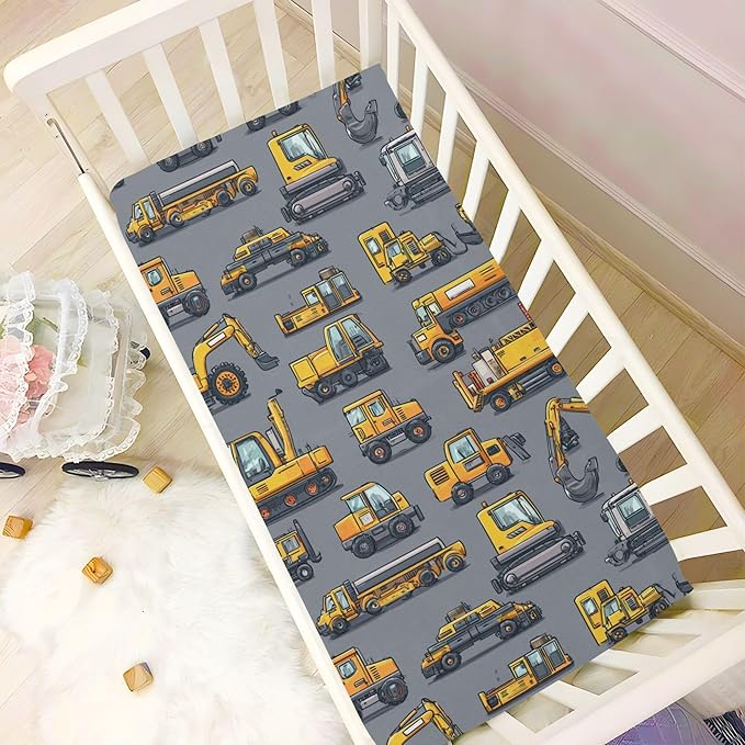 Construction Excavator Trucks Crib Sheets Soft Breathable Fitted Baby Crib Sheets Mattress Cover for Girls Boys, 52" x 28" x 9"