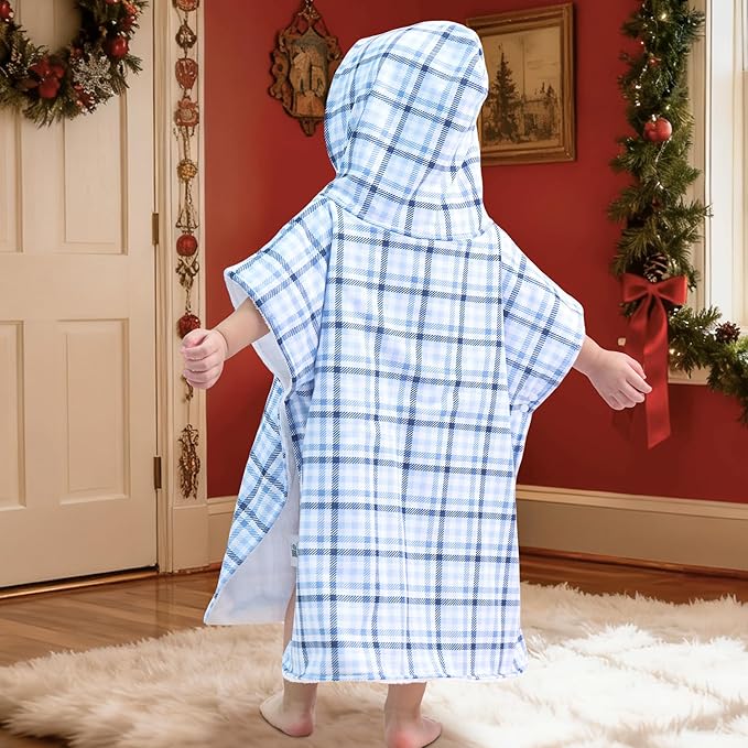 VOOVA & MOVAS Double-Layered Baby Hooded Towel Poncho (2-4 Years, 20x21 Inches) | Ultra Soft & Absorbent Cotton | Thick Toddler Bath Towel for Swimming, Beach, Shower & Winter, Blue Check