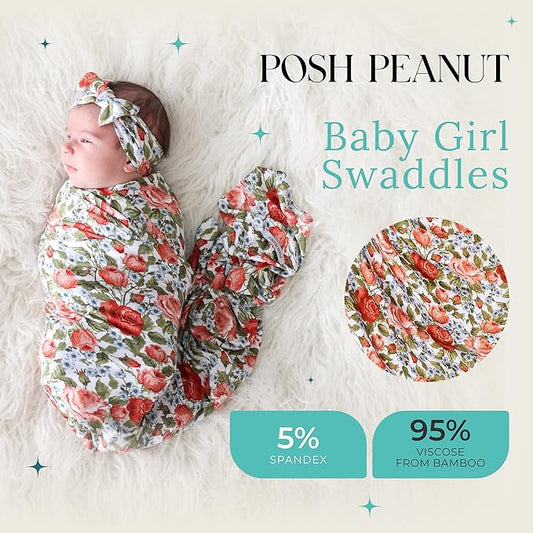 Posh Peanut Swaddle Blanket + Headband Set - Soft Newborn Swaddle Doubles As a Stroller, Receiving Blanket, and Nursing Cover - Matching Baby Swaddles & Headbands for Everyday