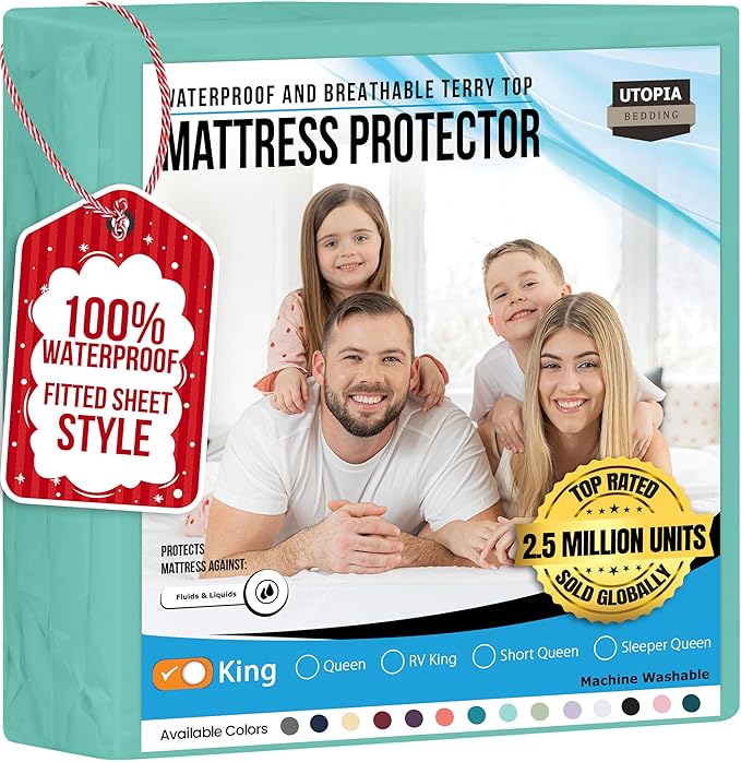 Utopia Bedding Waterproof Mattress Protector King Size, Premium 200 GSM Terry Mattress Cover, Soft & Breathable Bed Cover, Fitted Sheet Style with Stretchable Deep Pockets 17" (Spa Blue)