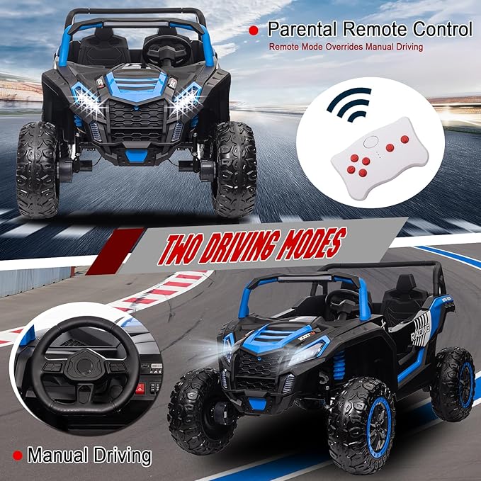 POSATCK 24V Ride On UTV 2024 Kids 2 Seater Electric Vehicle Car with Parents Remote Control for 4 Wheels Drive Kids Battery Powered UTV Electric Car for Girls Boys with EVA Rubber Compound Tires, Blue