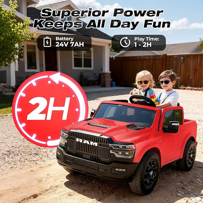 FUNTOK 24V 2 Seater Ride On Truck for Big Kids, Licensed RAM 2500 Kid's Electric Vehicles w/Remote Control, LED Light/Music/MP3/Bluetooth, Truck Bed Storage, Carry Wheels & Handle, Car for Kids 3-8