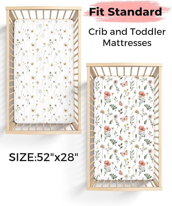 Crib Sheets for Boys and Girls, 2 Pack Fitted Baby Sheets for Standard Toddler Mattress 28" x 52", Soft Breathable Jersey Knit Baby Bedding (Daisy Check)