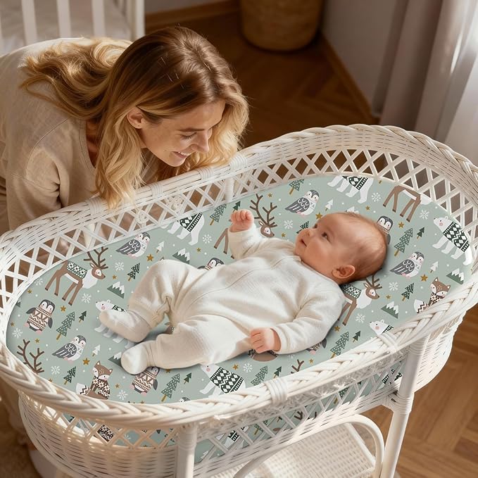 Baby Bassinet Sheets for Baby Boy Girls,4-Pack Fitted Bassinet Sheets Set Compatible with Halo Bassinest Swivel Sleeper,Baby Delight,Angelbliss,32"X16" (Egg Collection)