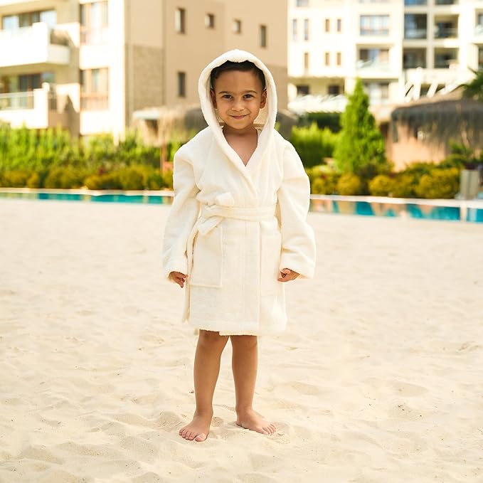 BAGNO MILANO Kids Organic Turkish Cotton Hooded Beach Cover-Up Towel, GOTS Certified, for Boys and Girls (Cream, 5-6 Years)