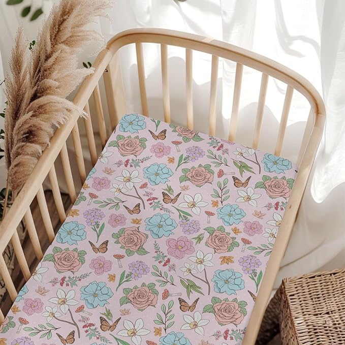Vintage Wildflowers Baby Crib Sheets for Boy Girl 28"x52" Pink Floral Leaves Mushroom Butterflies Soft Snug Fitted Crib Mattress Cover Spring Garden Baby Sheet for Standard Crib and Toddler Mattress