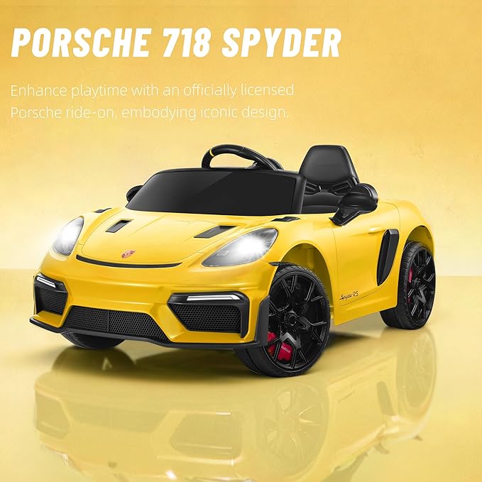 First Ride On Licensed Porsche 718 12V Ride on Toy for Kids, Ride on Car for Toddler, Child Electric Vehicle w/Parent Remote Control, 3 Speeds, Foot Pedal, Music, MP3, Led Headlights (Yellow)