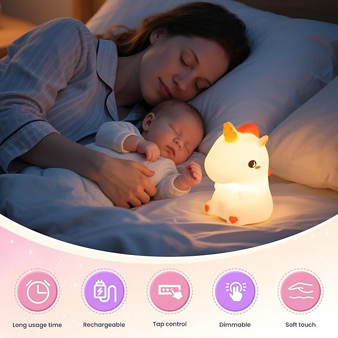 loatme Night Light for Kids, Rechargeable Dimmable Silicone LED Nightlight with 7 Colors, Baby Nursery Night Lamp, Touch Squishy Lamp, Cute Gifts for Girls, Boys, Toddler Room Decor, Unicorn