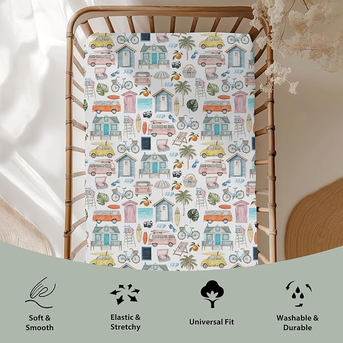 Watercolor Summer Travel Baby Crib Sheets Boy Girl 52x28Inch Boho Hippie Beach House Surfboard Palm Car Soft Snug Fitted Crib Mattress Cover Beach Days Baby Sheet for Standard Crib & Toddler Mattress