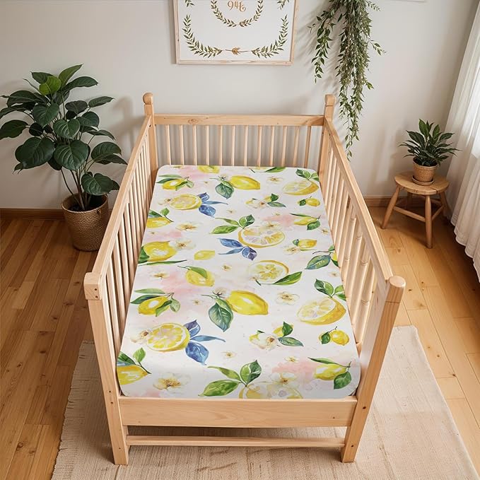 Lemons Baby Crib Sheets for Boy Girl 52x28Inch Lemon Branch Leaves Flowers Soft Stretchy Fitted Crib Mattress Covers Tropical Summer Fruits Baby Sheet for Standard Crib and Toddler Bed Mattress