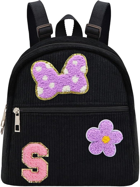 2 3 4 5 6 Year Old Girl Gifts Chenille Initial Mouse Bow Mini Backpack, Corduroy Toddler Backpacks Christmas Birthday Gifts for Girls 2-4 5-6, Black Mini Diaper Bag Must Haves for Park Travel Letter S