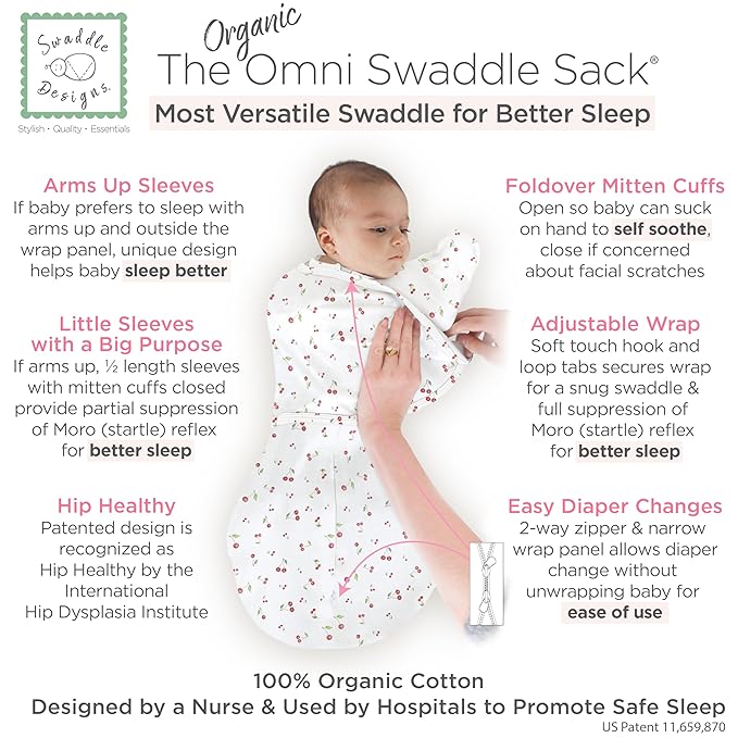 SwaddleDesigns Organic 6-Way Omni Swaddle Sack Arms Up Swaddle for Newborn, More Options to Calm Startle Reflex, Improves Sleep, Small, 0-3 Month, 6-14 lbs, Watercolor Little Cherries