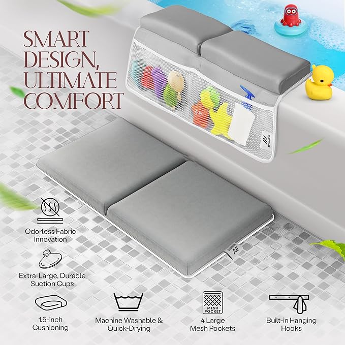 Baby Bath Kneeler & Elbow Rest Pad Set | Extra Thick 1.5” Foam That Relieves Knee & Elbow Pressure | Non-Slip Suction Stability | Machine Washable, Quick-Dry | Brush & Washcloth Gift Included