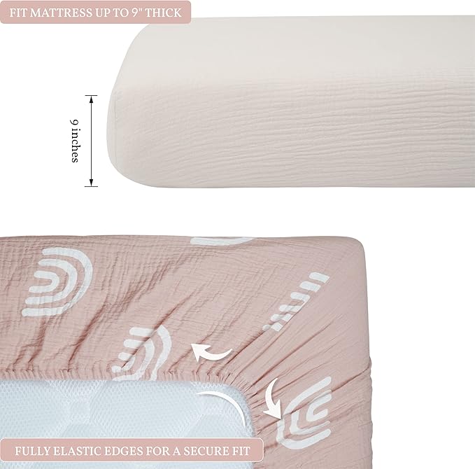 Meracorallo Muslin Fitted Crib Sheets, 2 Pack Soft Breathable Cotton Baby Crib Sheet, Boho Neutral Crib Sheet for Standard Crib and Toddler Mattress 28"x52" (Rainbow & Fog)