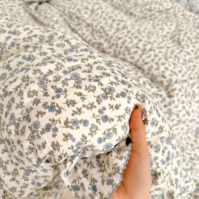 BuLuTu Blue Floral Toddler Kids Duvet Cover for Girls Boys 100% Cotton Muslin Quilt Cover for Toddler Bed Vintage Flower Design Duvet Cover with Ruffles, 47"x59", Pillow Case Not Included