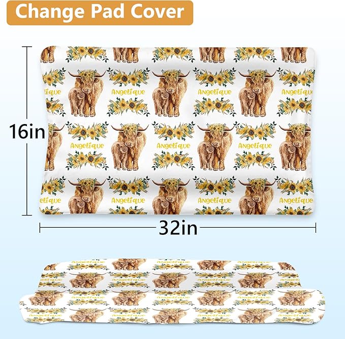 Personalized Crib Bedding Set - 4 Piece Custom Gift Highland Cow Crib Bed Set with Name, Soft Double Layer Blanket Set for Infant Baby Girl, Nursery Bedding Set for Toddler Boys