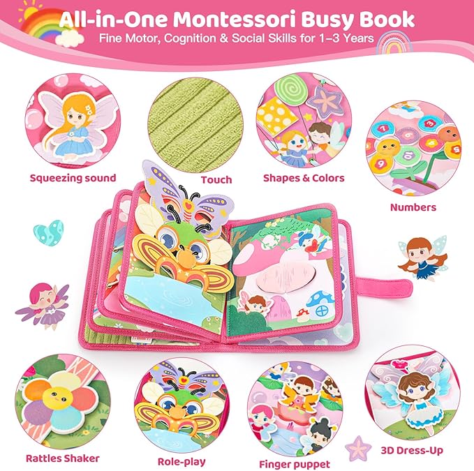 22 in 1 Busy Book for Toddlers 1-3-Sprite Montessori Toy Busy Board for 1 Year Old with Fishing Game, Educational Sensory Quiet Toy, Airplane Car Travel Essentials Christmas Birthday Gift for Boy Girl