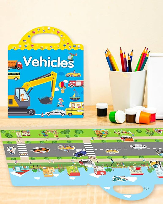 Benresive Reusable Sticker Books for Toddlers, Fun Travel Stickers for Kids, Toddler Sticker Book, Crafts Activities for Toddlers, 3 and Up Birthady Gifts - Vehicle