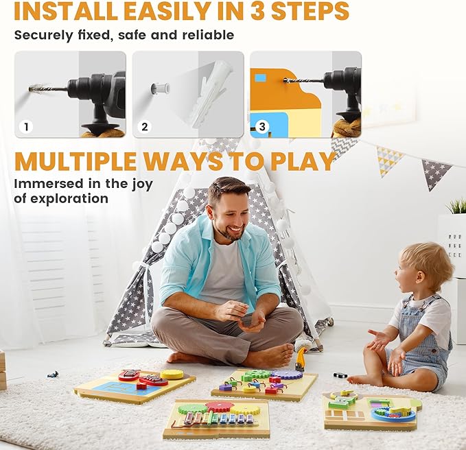 BlueWood Wooden Wall Busy Board Panels, Toddler Learning Activity Center, Montessori Philosophy Sensory, Educational Toys, Conducive to All-Round Development - School Bus