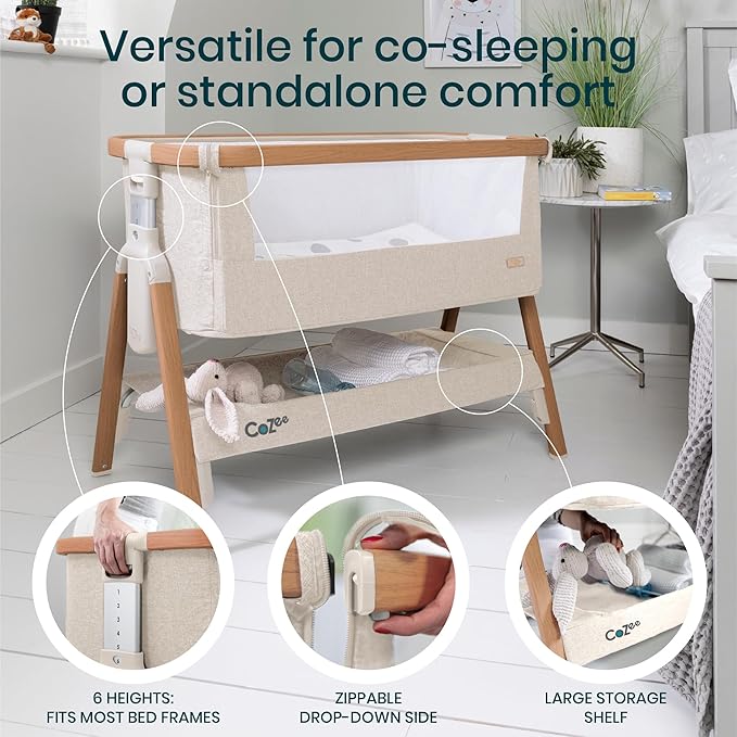 Tutti Bambini CoZee® 2-in-1 Baby Bassinet & Bedside Sleeper - Fast-Folding Bedside Bassinet, Baby Crib with 6 Mattress Heights & Breathable Mesh Window, Mattress Included, 0-6 Months (Walnut & Ecru)