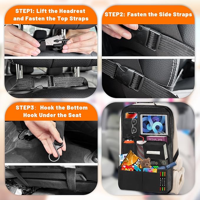 DUWAI Backseat Car Organizer with Table Tray,12 Pockets Storage Organizer with Tablet Holder,Car Seat Organizer with Car Tissue Holder,Kick Mats Protector For Kids,Travel Accessories(2-Pack)