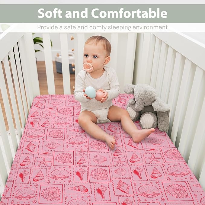 Pink Seashells Baby Crib Sheets for Boy Girl 52"x28" Boho Beach Conch Soft Stretchy Fitted Crib Mattress Covers Pastel Summer Coastal Nursery Baby Sheet for Standard Crib & Toddler Mattress Pad