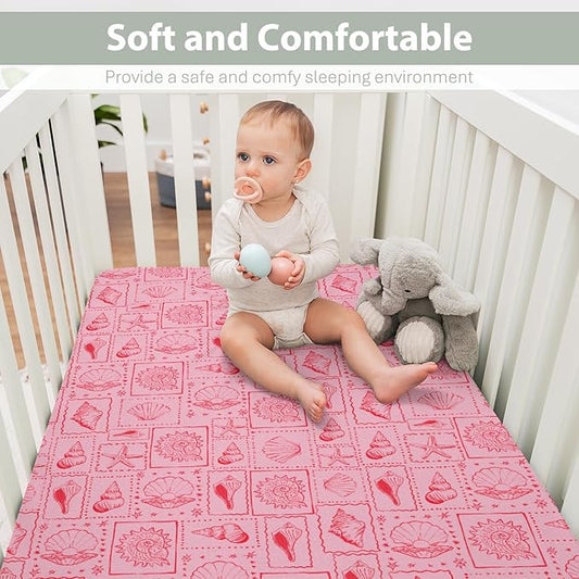 Pink Seashells Baby Crib Sheets for Boy Girl 52"x28" Boho Beach Conch Soft Stretchy Fitted Crib Mattress Covers Pastel Summer Coastal Nursery Baby Sheet for Standard Crib & Toddler Mattress Pad